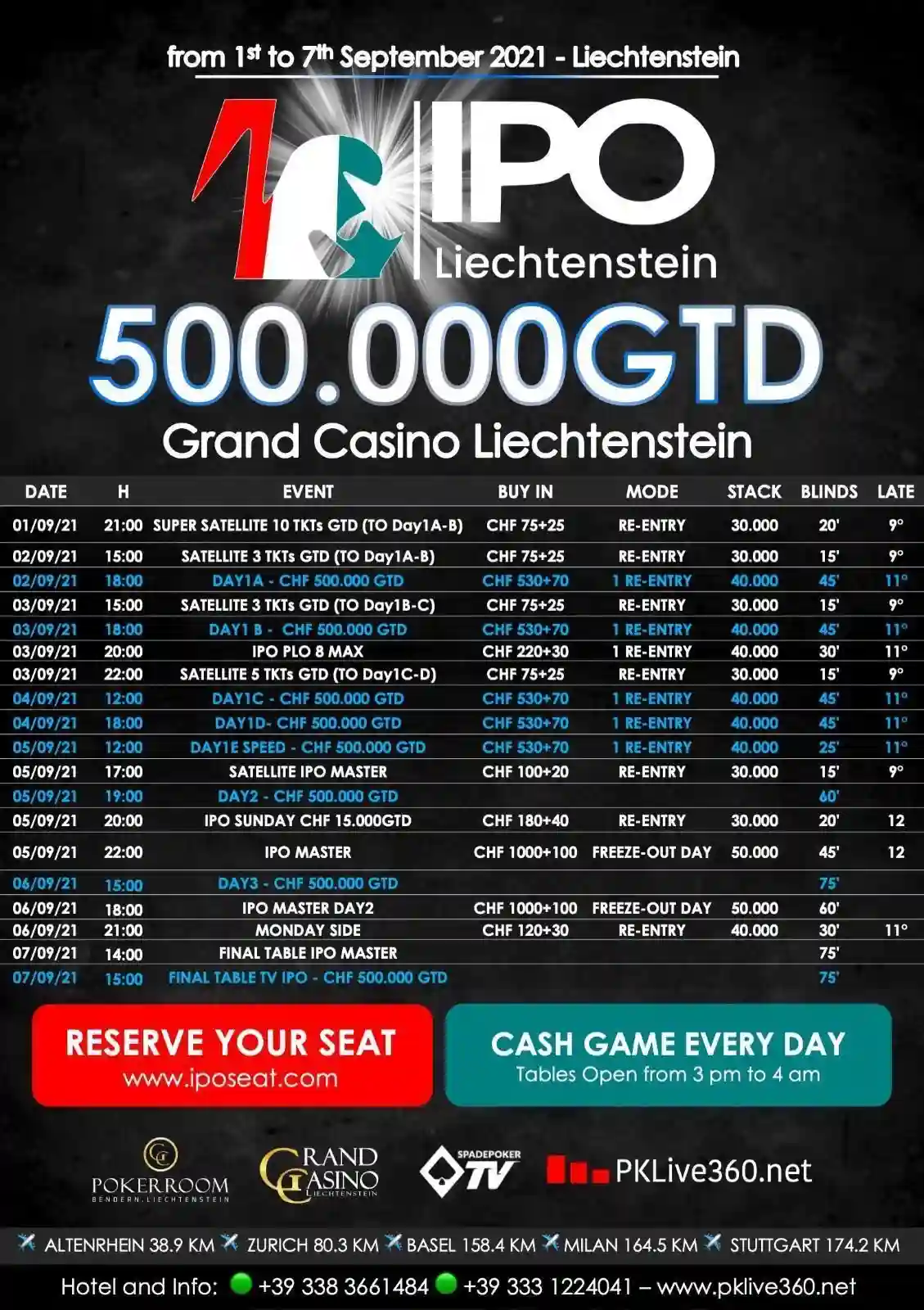 One of the Biggest European Tournaments - IPO Liechtenstein from Sept 1-7 with 500k CHF GTD